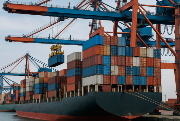 A container ship is being loaded at a busy port, highlighting current supply chain volatility.