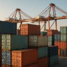 Stacked shipping containers and cranes at a busy port representing peak season shipping strategies.